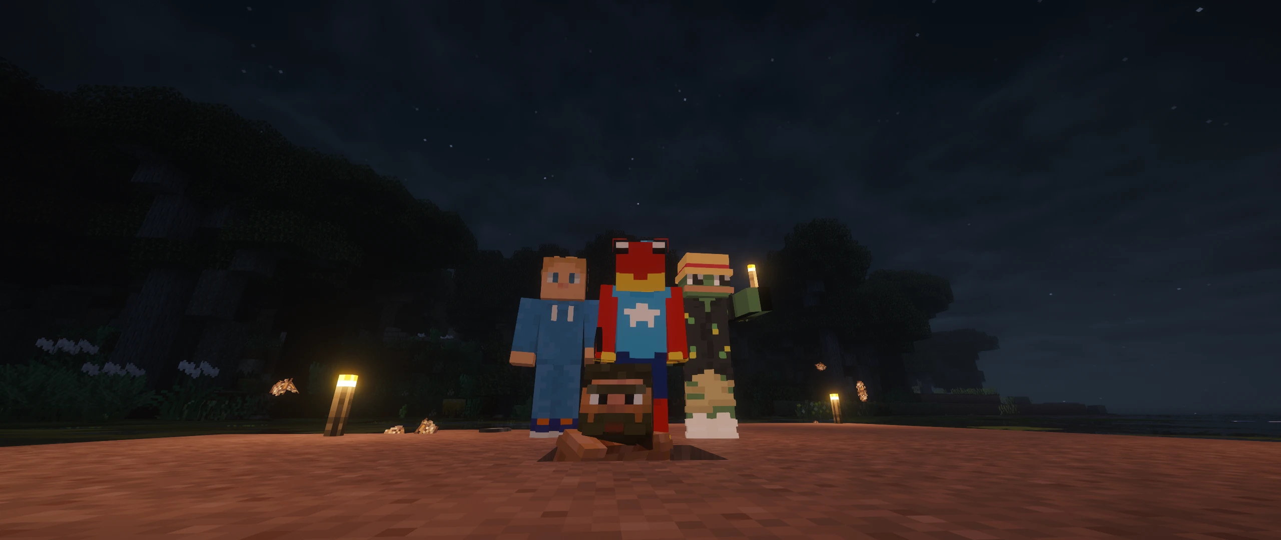 <span class="username">oKtosiTe</span>, <span class="username">foxluma</span>, <span class="username">ILaikRice</span> and caveman <span class="username">BobBuildsBlocks</span> posing for a group photo in the soon-to-be orchard